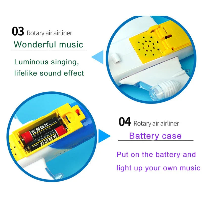 Yellow and white electronic aeroplane toy with speaker grille playing luminous singing music featuring autopilot and automatic obstacle avoidance