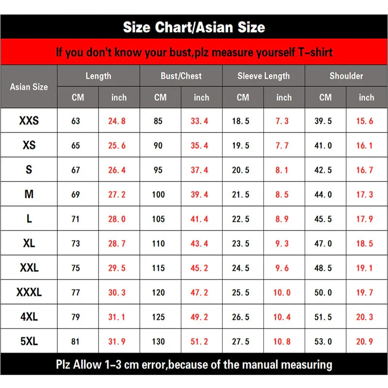 Asian size t-shirt measurement chart in cm and inches for chip hip hop harajuku style summer machine printed oversized tee