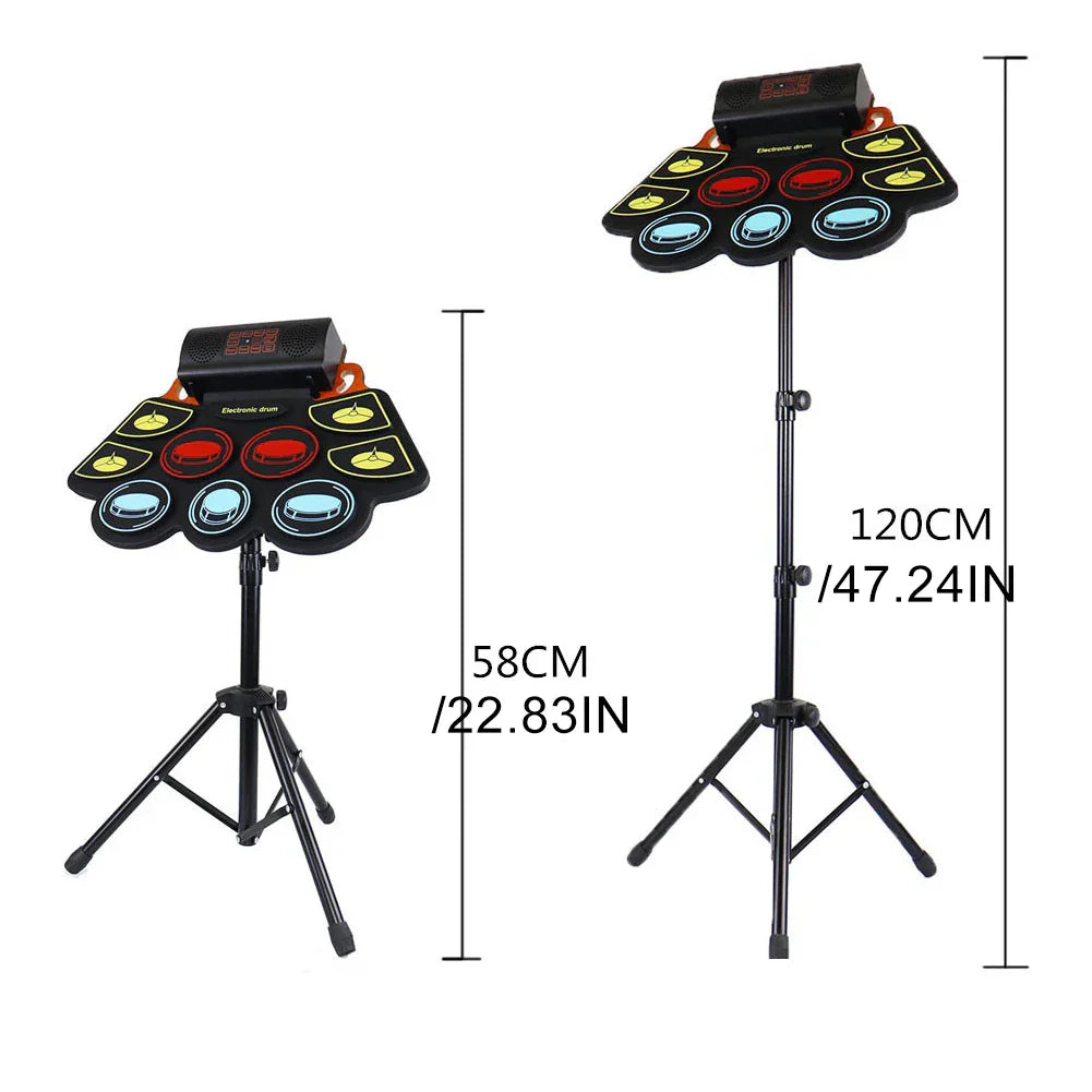 Black electronic drum set with colorful red blue yellow pads on stand featuring drum sticks pedals for roll-up drum practice