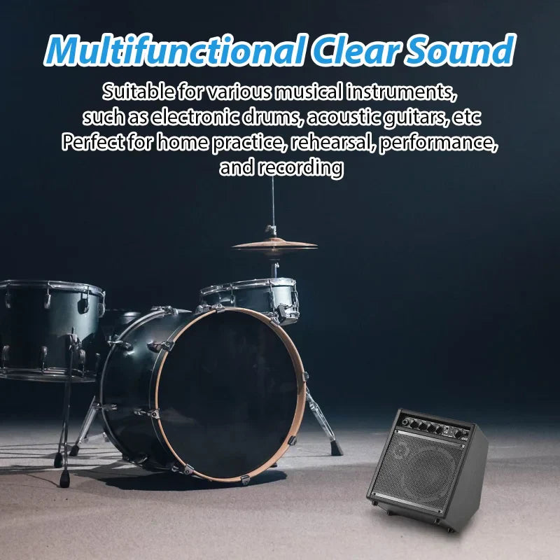 Black electronic drum set with chrome hardware next to a black wooden speaker 25w portable practice drum amplifier
