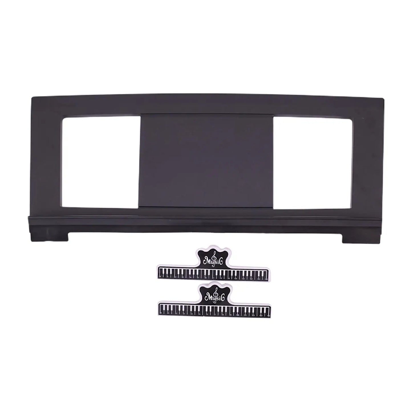 Black electronic piano music stand with two rectangular cutouts, central panel, and matching keyboard-shaped sheet music clips