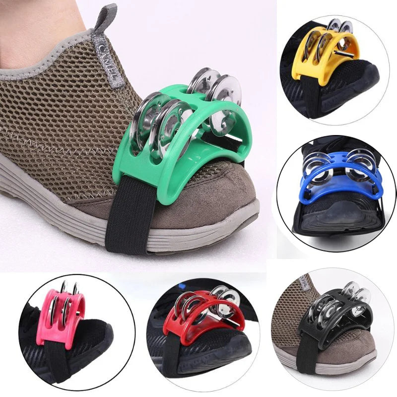 Green plastic elliptical drum companion shoe-mounted tambourine with metallic jingles for children musical educational use
