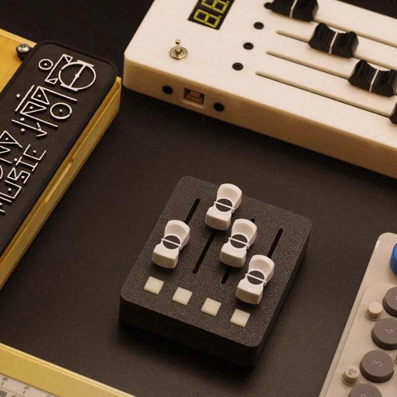 Black foam base with five white chair-shaped fader knobs on em-po2 midi controller for streaming control and customizable backlit buttons