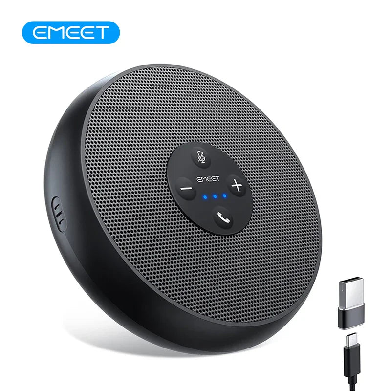 Black emeet usb wired round speakerphone with perforated grille and central control panel for 360° voice pickup conferencing