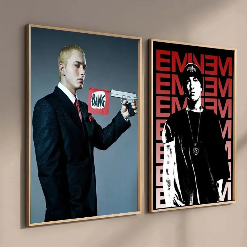 Two framed eminem poster canvas paintings featuring rapper singer eminem in black and red for home decor wall art