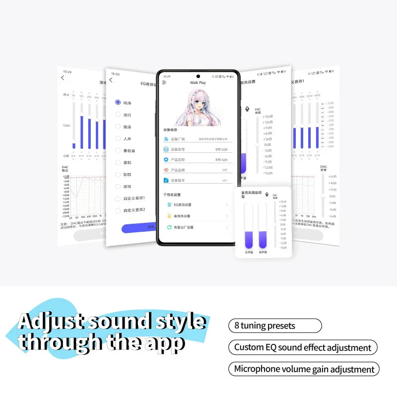 A sleek black smartphone displaying a digital interface with an anime avatar alongside epz g20 wired earphones hifi settings