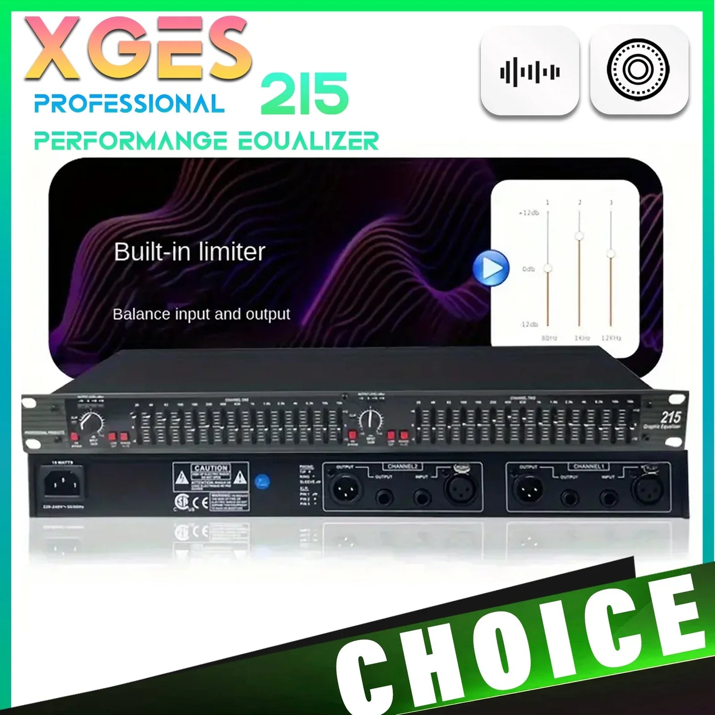 Black xges 215 professional sound equalizer with precision tuning, sleek rack-mount design, multiple knobs, us plug for studios and live use