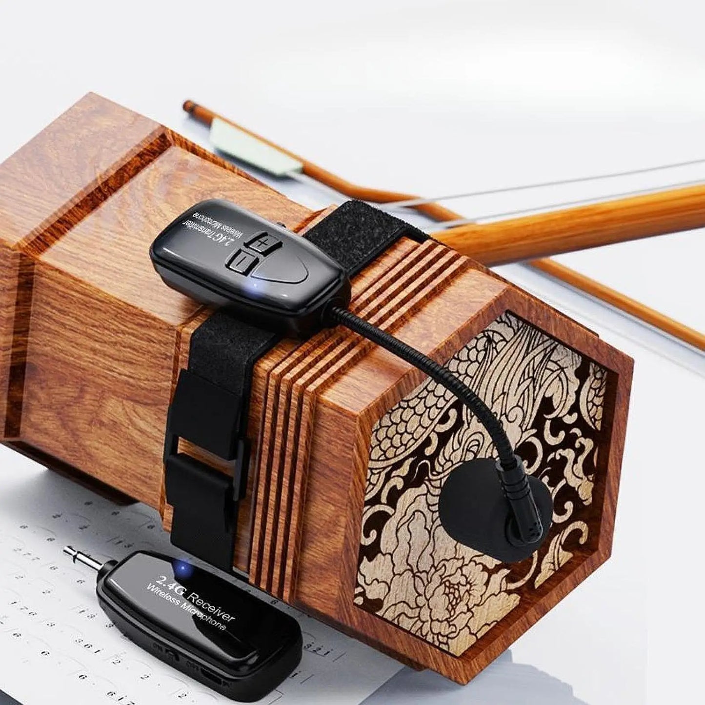Black wireless erhu microphone violin system with flexible gooseneck and adjustable strap on ornate wooden box for personal exercises voice recording