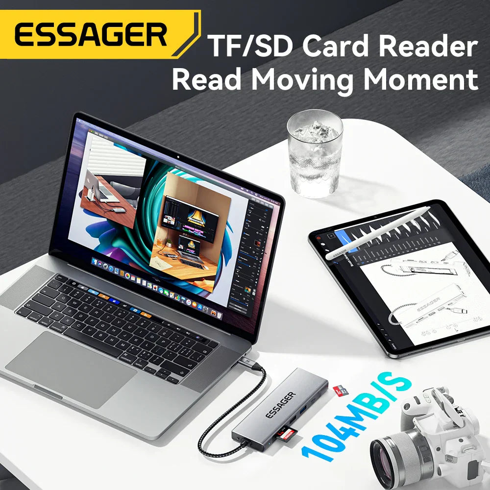 Essager tf sd card reader in sleek silver metallic with multiple slots for storage function usb laptop dock station macbook pro air