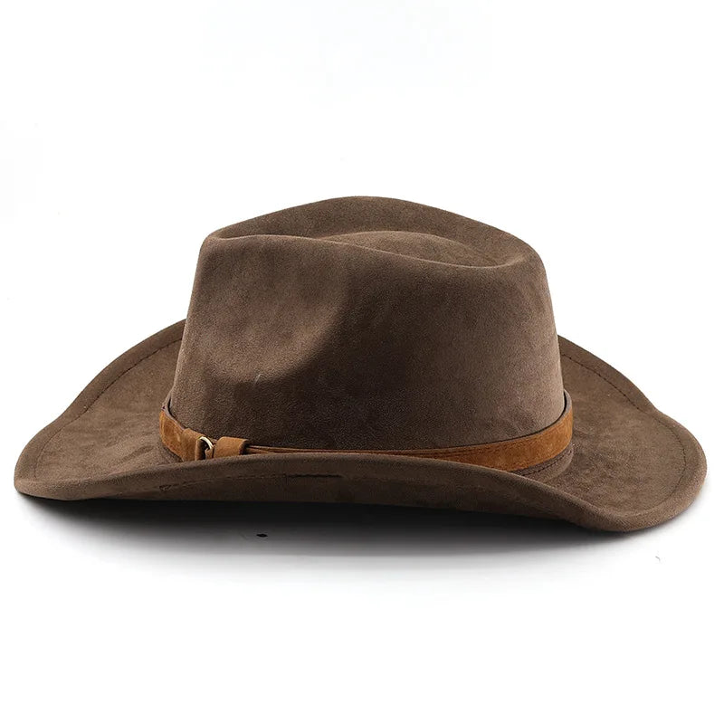 Brown suede western cowboy hat with tan imitation leather velvet band featuring roll up edge fedora style for autumn and winter