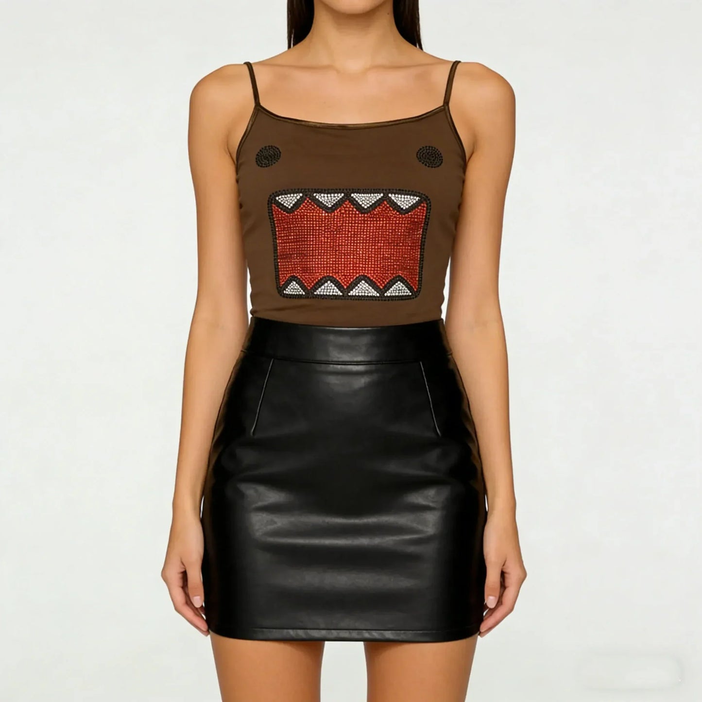 Brown domo-themed slim fit spaghetti strap top with red white beaded mouth design hot diamond suspender sexy style