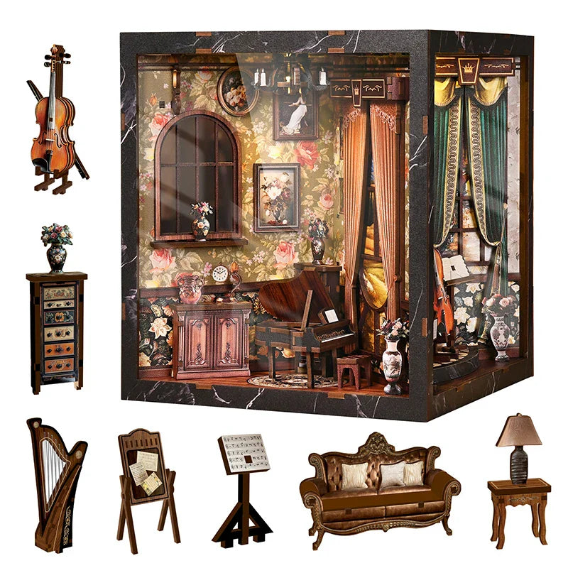 Victorian-style european melody musical instrument box diy puzzle bookend model with floral wallpaper and dark wood furniture