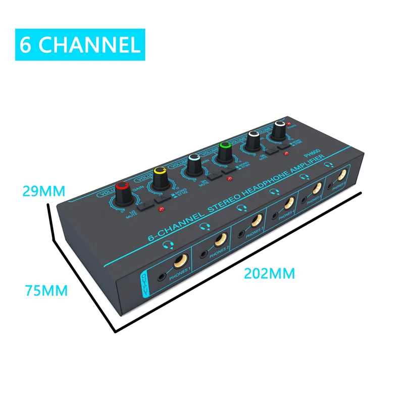 Black stereo headphone amplifier with teal accents and multicolor control knobs mini portable low-noise for recording studio