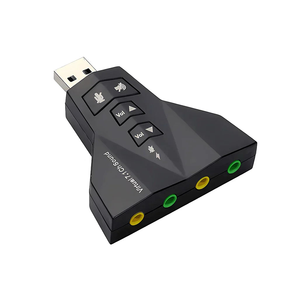 Black external virtual usb soundcard with colored input jacks and control buttons for channel 3d sound audio interface output