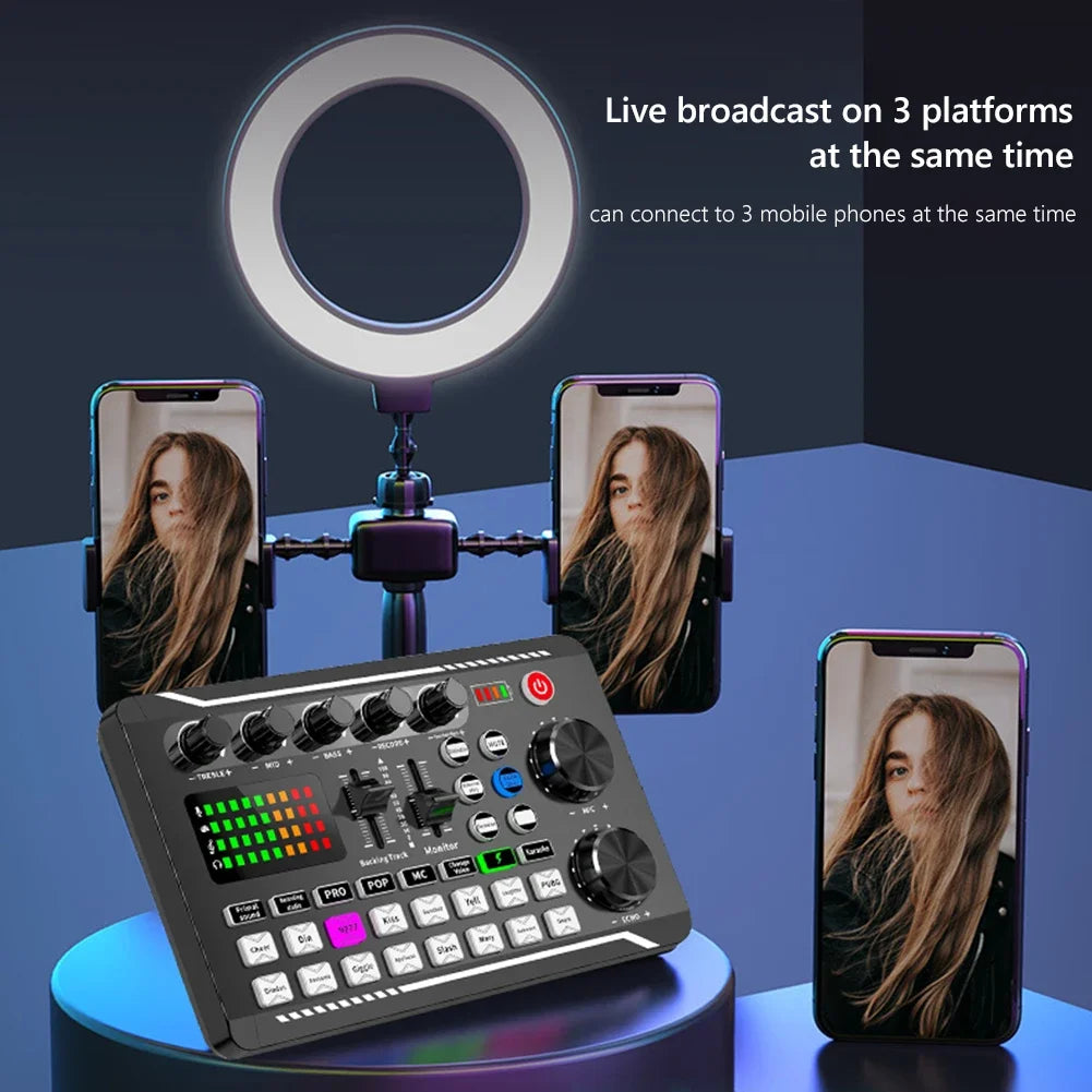 Black and silver f998 bluetooth sound card console studio with usb microphone input and digital display for live streaming