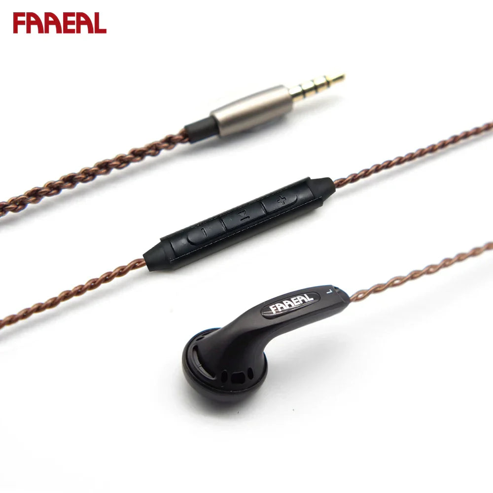 Black faeal in-ear headphones with braided copper cable and inline control module for bass music headphones and sports gaming headsets
