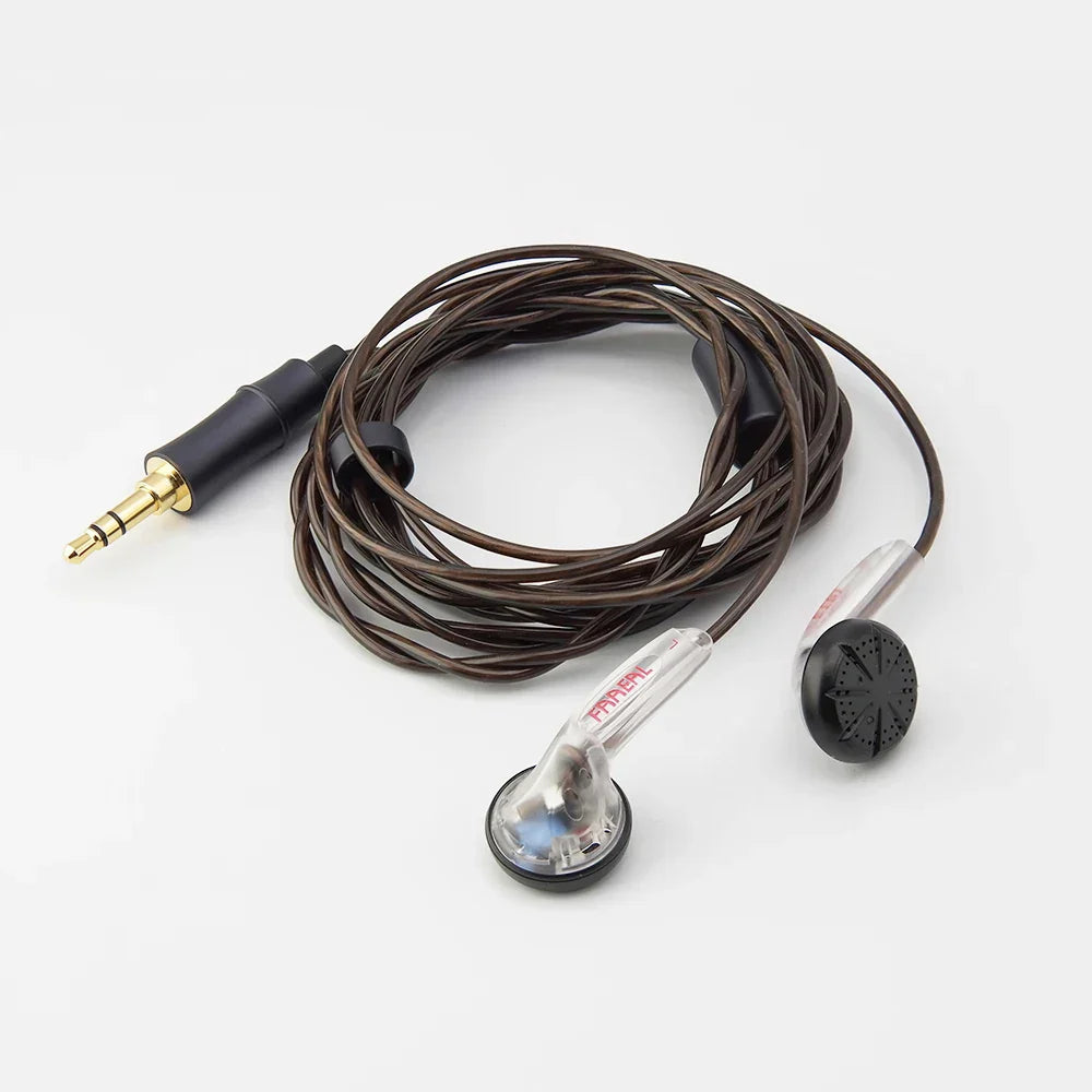 Clear plastic pioneer in-ear trrs balanced earphones with black tips and brown braided cable 150ohms hifi bass