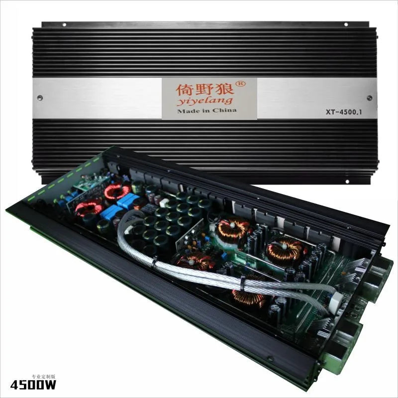 Black aluminum-finned professional hifi stereo car amplifier with yiye lang xt-4500.1 label and internal circuitry shown