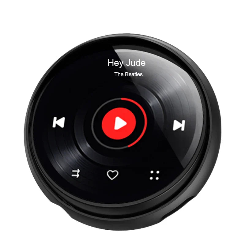 Black circular Famue MP3 player BF03 with custom vinyl record design and white playback controls with red play button