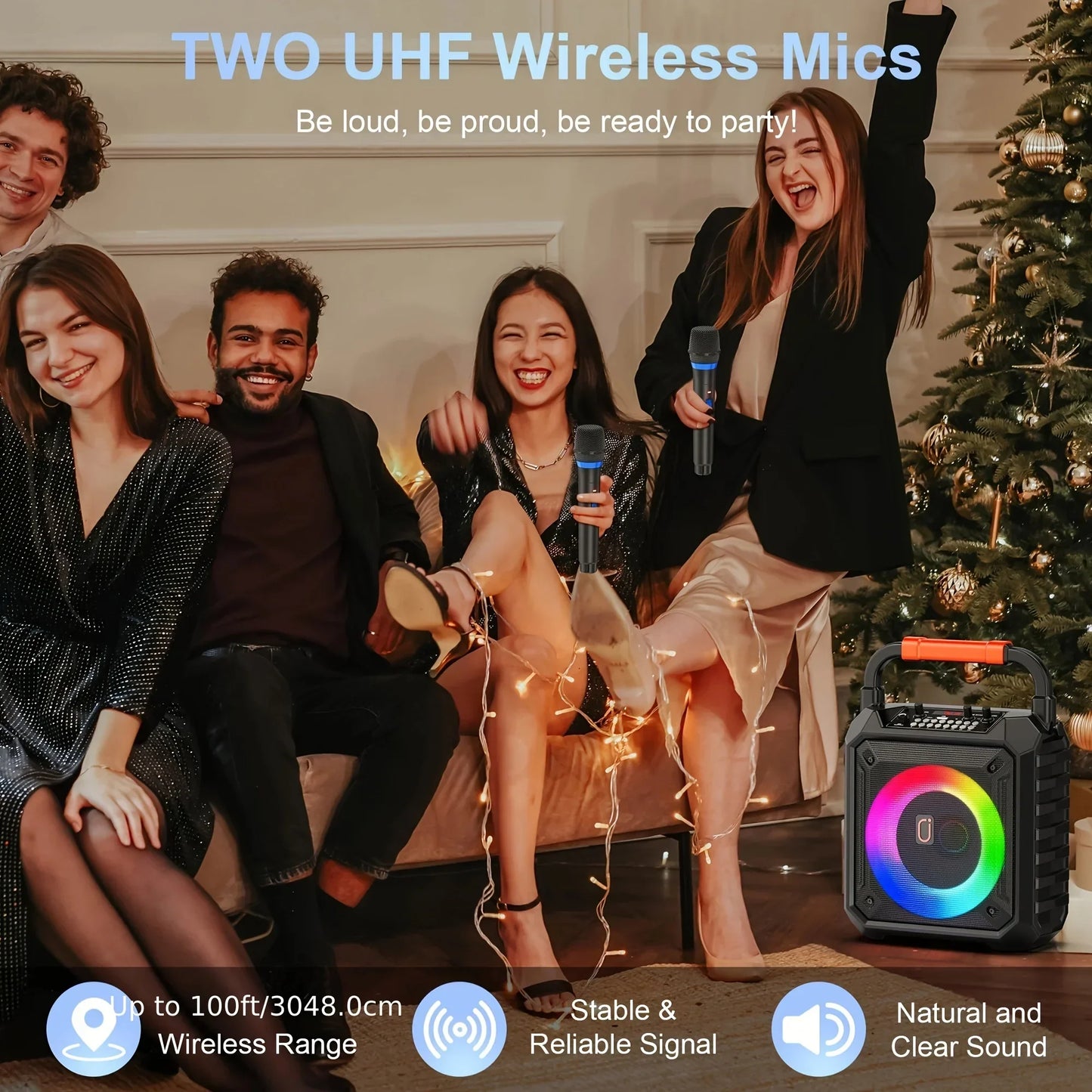 Black fanfun t17 karaoke machine portable bluetooth speaker with colorful led ring and orange handle for home use