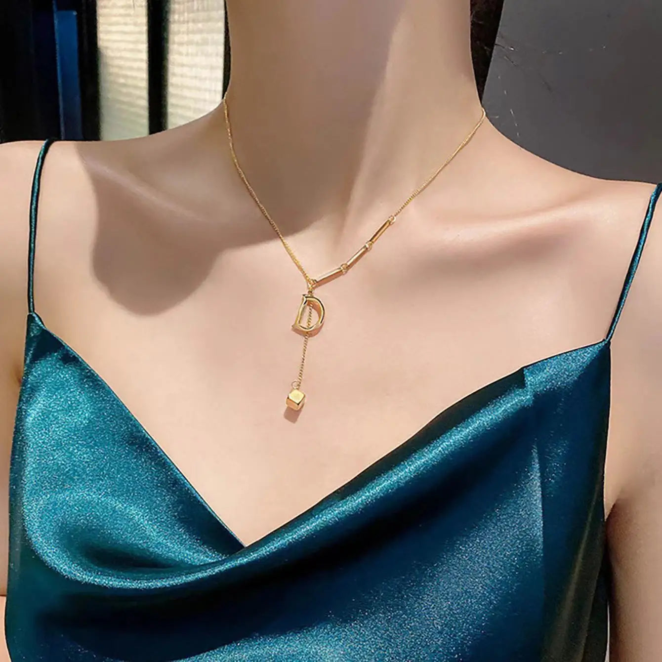 Gold initial d pendant necklace with small cube charm on titanium steel choker for woman gothic jewelry good luck butterfly