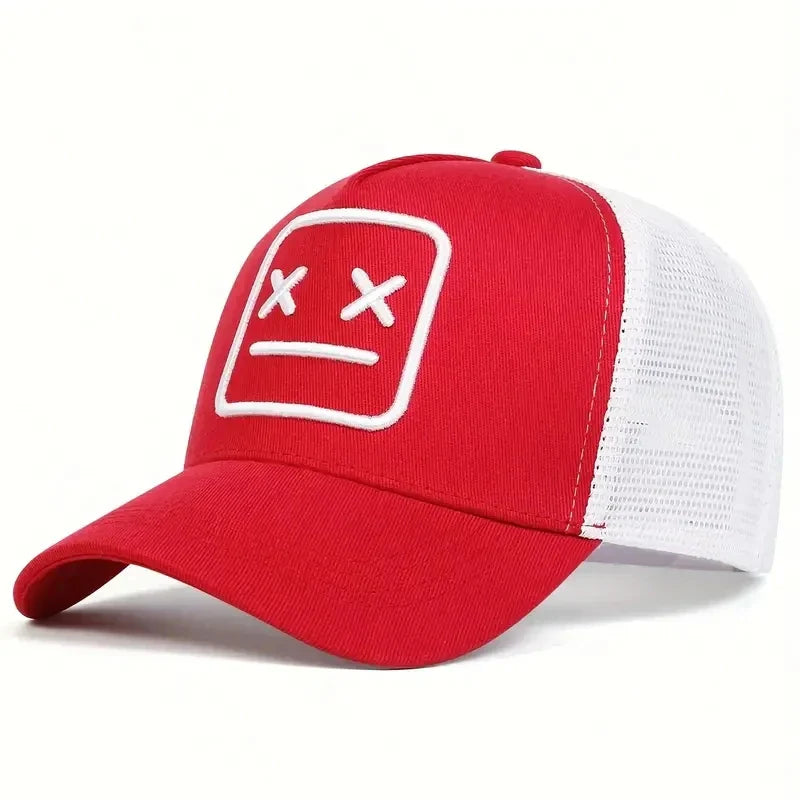 Red and white trucker hat with fashion robot embroidered logo for women hip hop autumn outdoor adjustable use