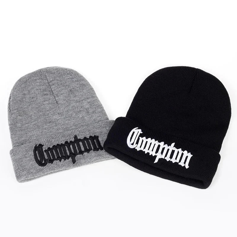 Gray and black knitted bonnet skullies with champion embroidered on the brim ideal for compton winter warm fashion west beach