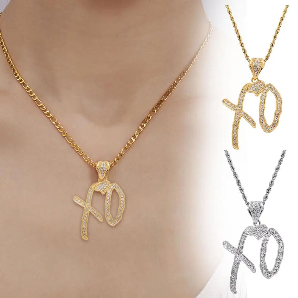 Gold and silver fashion xo necklace with cubic zirconia letter pendant and chain for hip hop party jewelry accessory