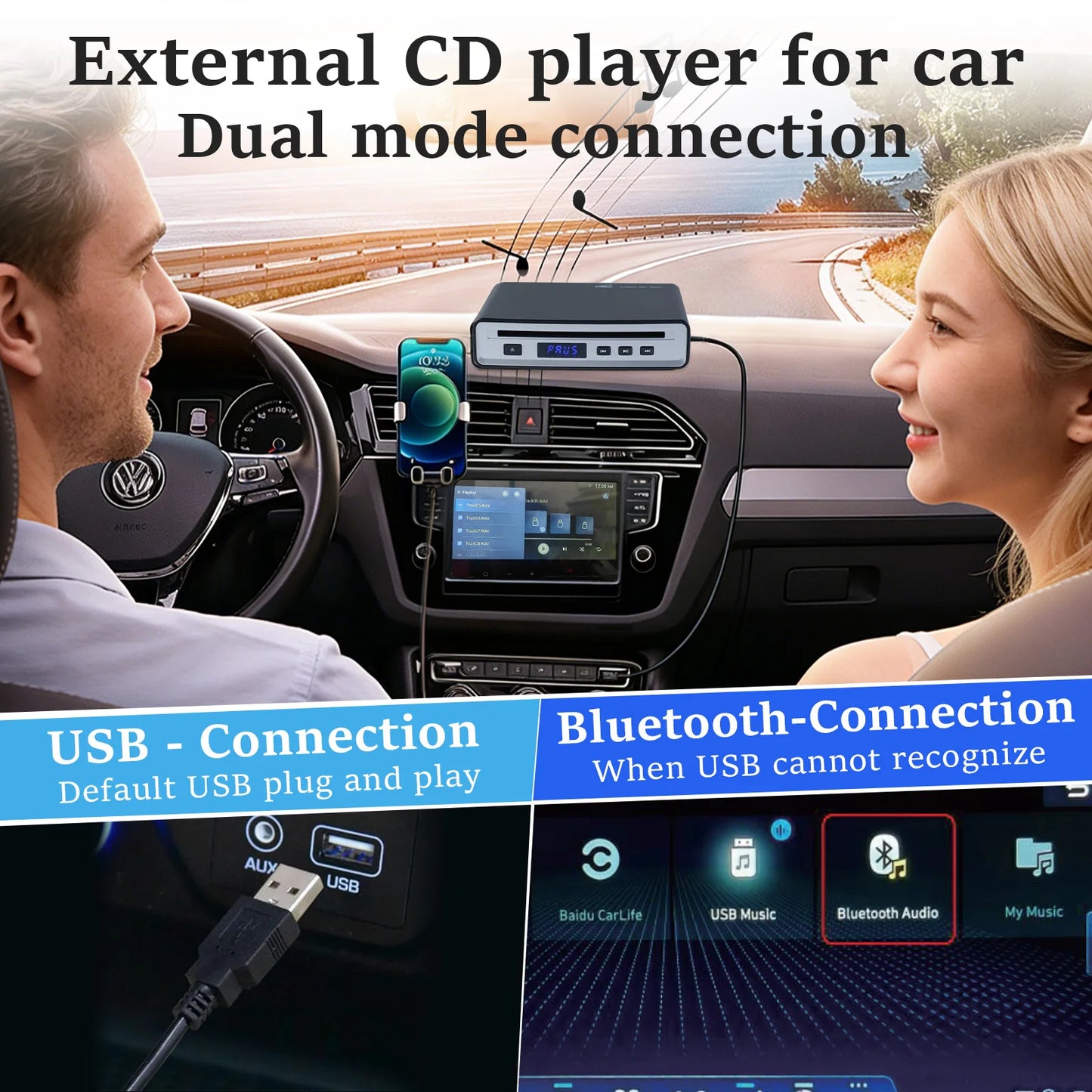 Car CD Player for Portable, External Car CD player, Dual-Mode USB or Bluetooth CD Player with for Car All-Models, Plug and Play