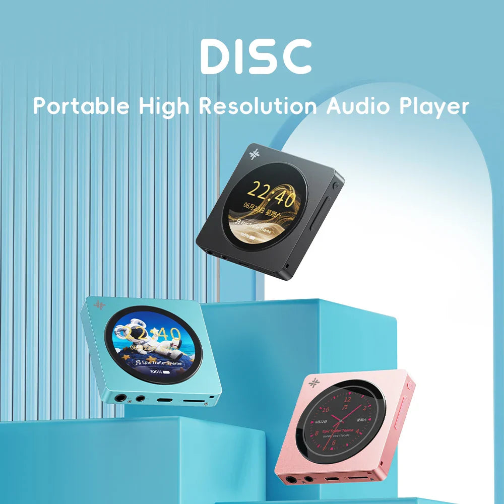 Black fiio disc portable dual dac player with ldac round touchscreen displaying time and date on circular display
