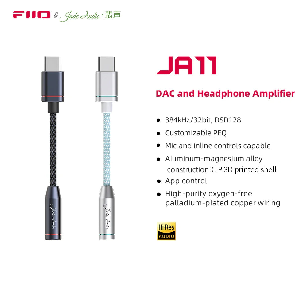 Fiio ja11 usb type c to 3.5mm earphone headphone adapter with dark gray and light blue braided cords and aluminum alloy connectors