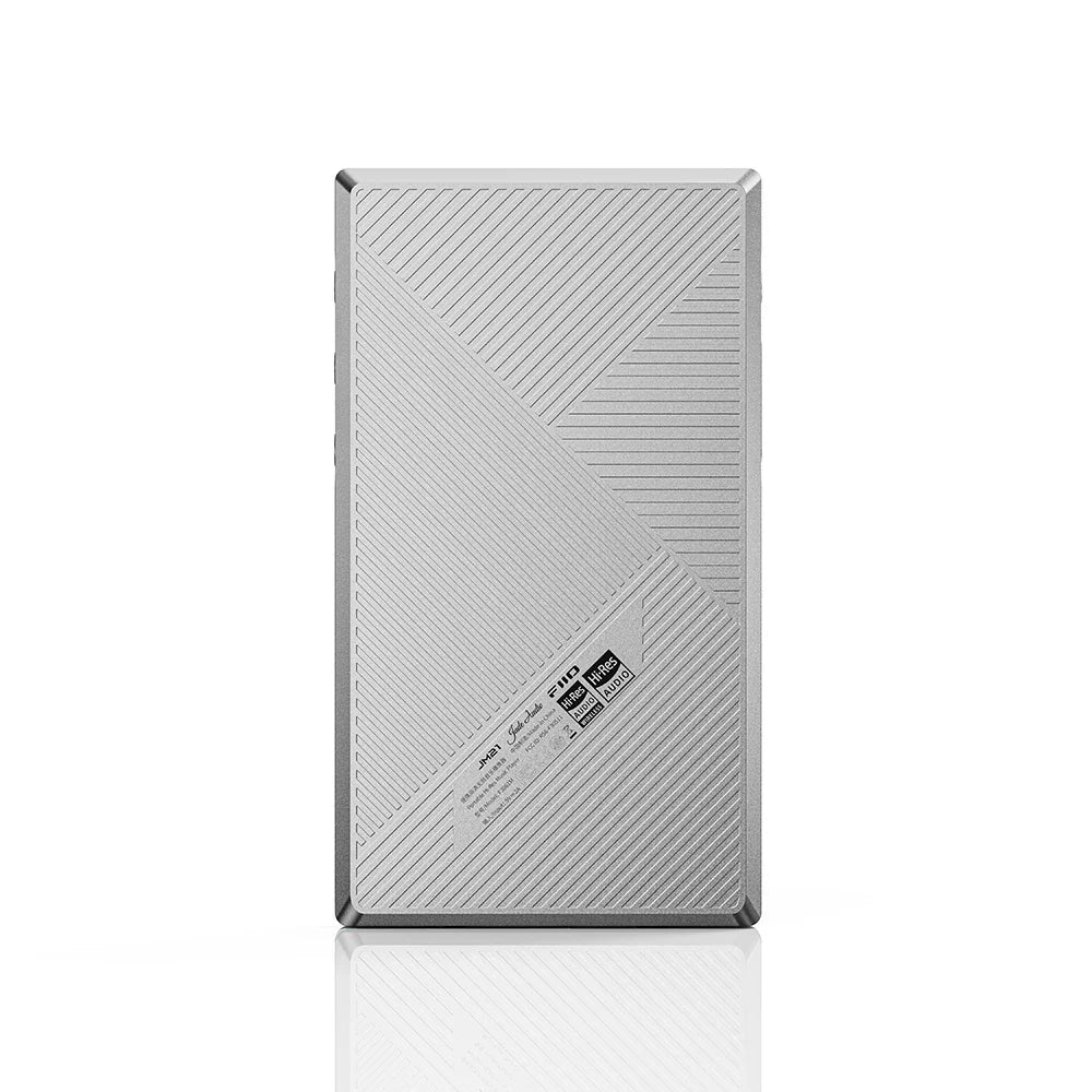 Silver fiio jm21 player portable lossless with textured diagonal-striped metal finish and bluetooth wifi usb back view