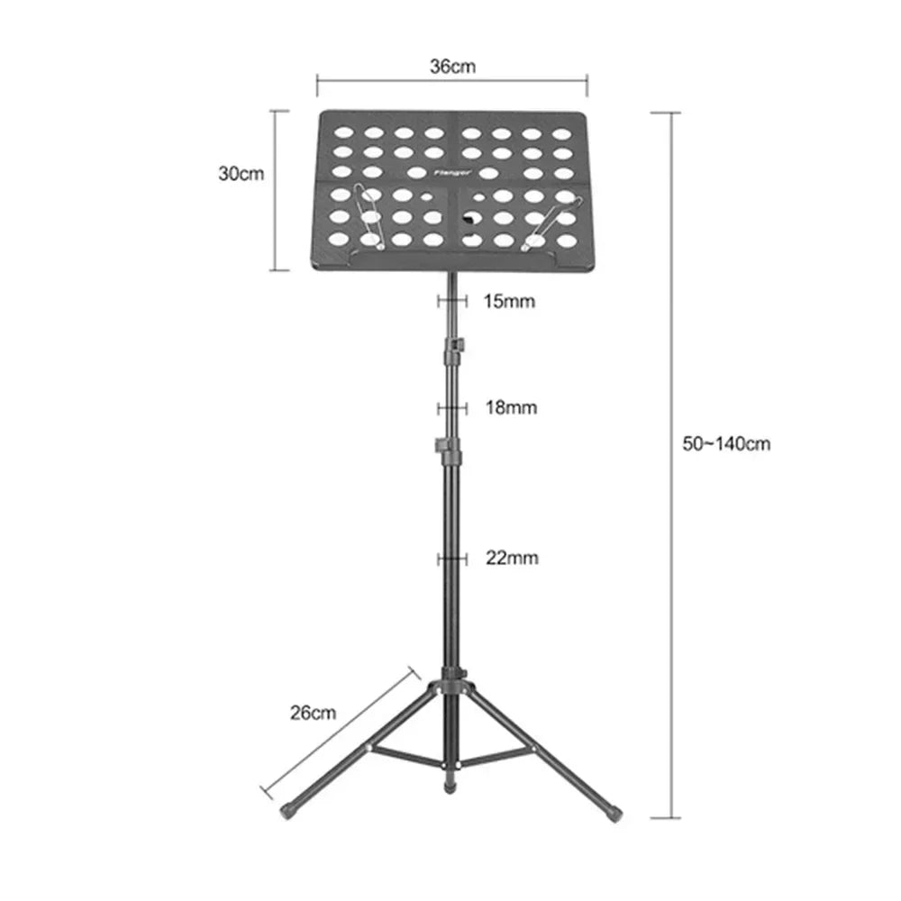 Black metal foldable sheet music stand with perforated top plate and retractable metal tripod for guitar and violin use