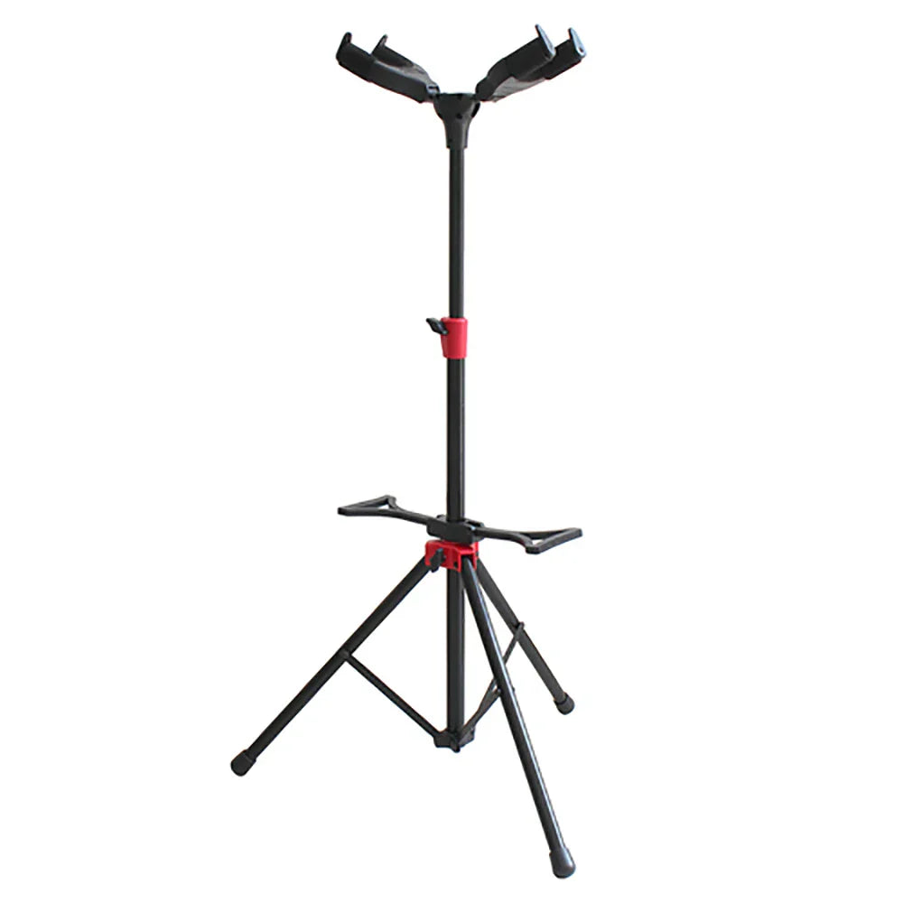 Black adjustable metal guitar stand dual with red accent bands and tripod base for bass violin banjo mandolin guitar accessories