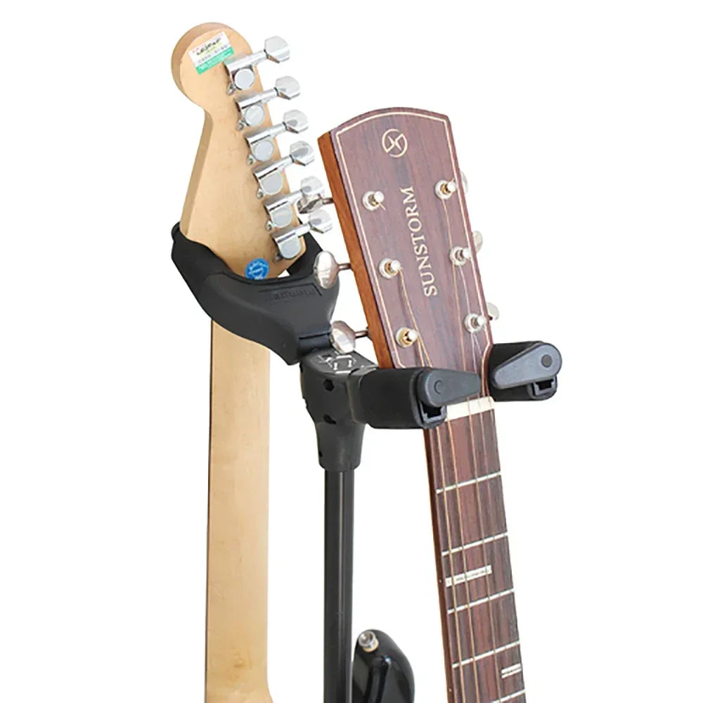 Black flanger guitar stand metal upright bracket holding two electric guitars for bass violin ukulele accessories
