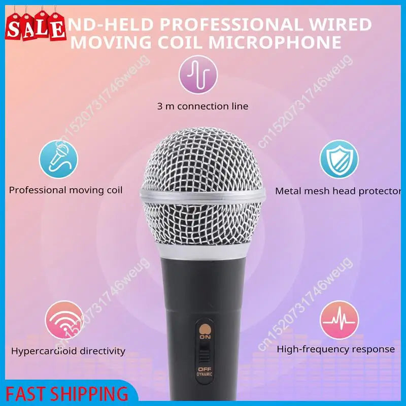 Black handheld professional wired dynamic microphone with silver mesh head and on off switch for karaoke vocal music use