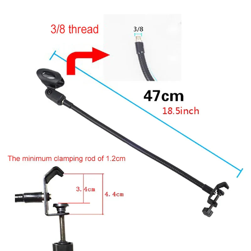 Black flexible microphone gooseneck stand with 3/8 thread and desk clamp for radio broadcasting studio live broadcast equipment