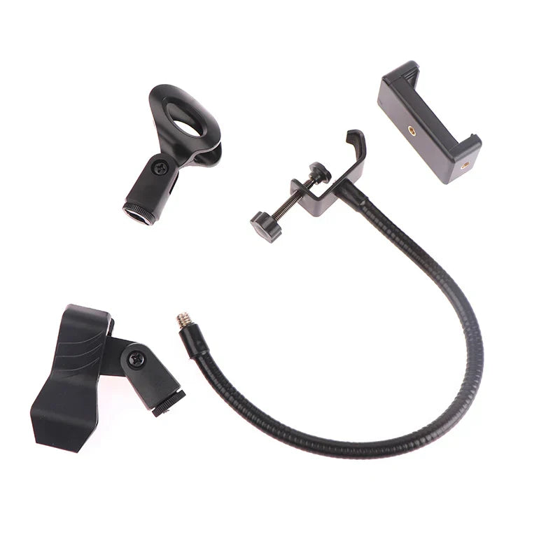 Black flexible microphone gooseneck stand with adjustable clamp and phone holder for radio broadcasting studio live equipment stations