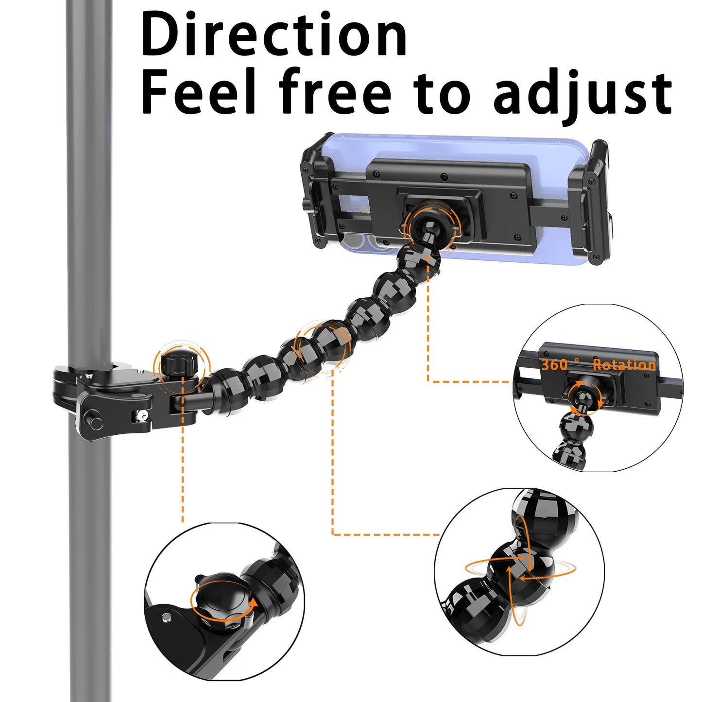 Black articulated flexible microphone music stand with segmented arms compatible with all 15-inch tablets and smartphones