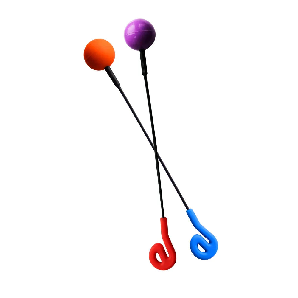 Two colorful plastic-handled flumies with orange and purple friction balls for gong players from beat music store