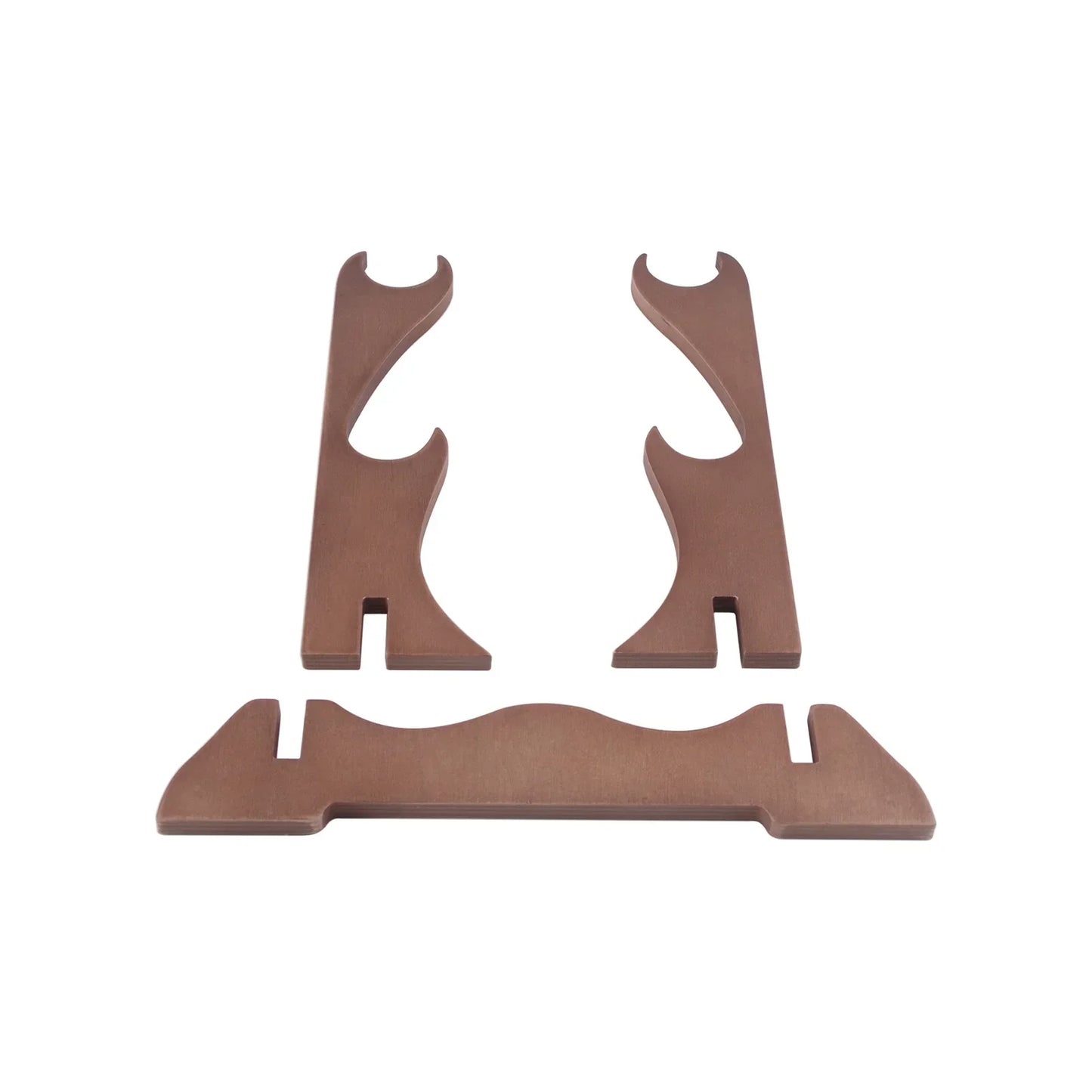 Brown plastic flute stand desktop with two upright supports and flat base for violin bows display holder support