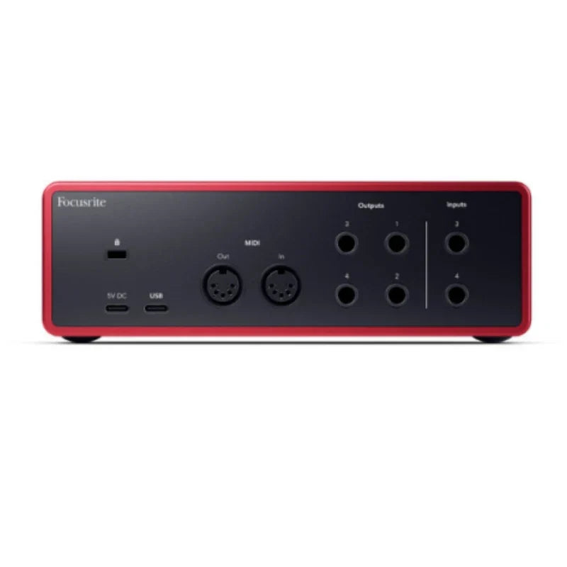 Red and black focusrite scarlett 4i4 4th generation usb audio interface showing multiple input output ports for maximum input