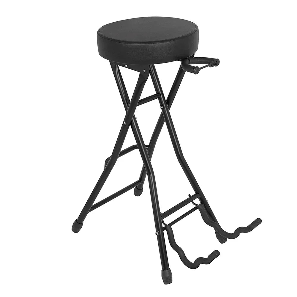Black foldable guitar stand stool with padded seat and integrated holder for acoustic electric and bass guitar parts