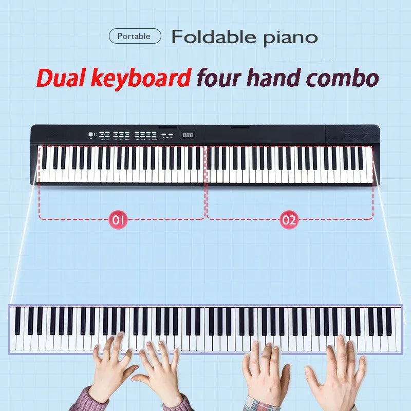 Black portable foldable adult electronic piano with dual keyboards for four-hand play and professional midi bluetooth features