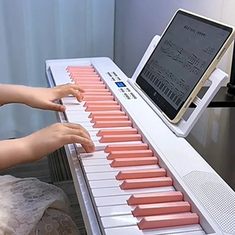 White and pink electronic piano portable with 61 keys and tablet stand for musical pianos professional and keyboard beginners midi