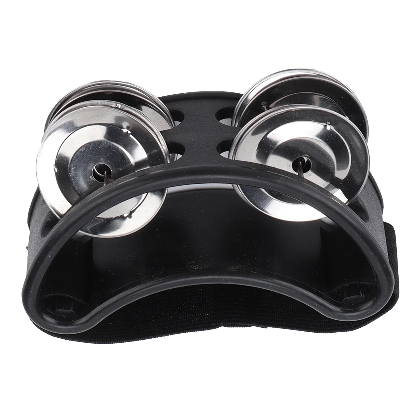 Black plastic foot tambourine shaker percussion drum with four shiny set metal jingle accessories