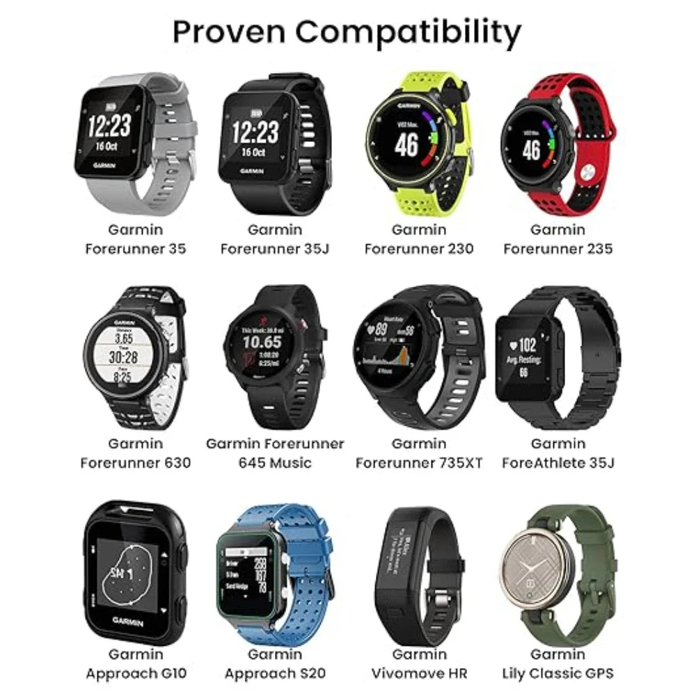 A collection of garmin forerunner 735xt and approach s20 g10 fitness watches in various colors with charger charging clips