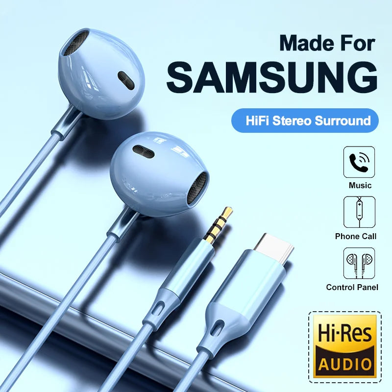 Light blue smooth plastic wire control wired earplugs with usb type c and 3.5mm jack for galaxy s24 s23 s22 ultra