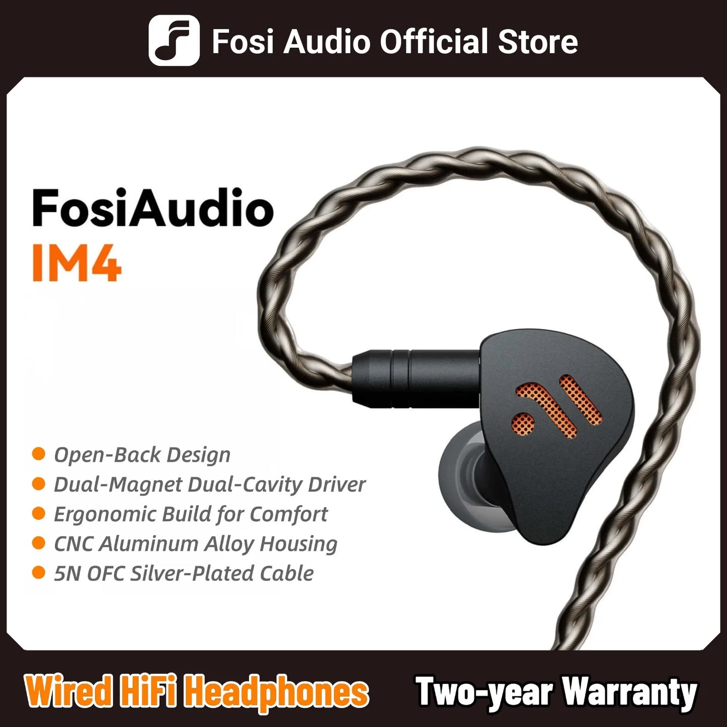 Black fosi audio im4 in-ear headphones with braided silver-plated cable and orange accents dynamic drivers iem for music monitoring gaming
