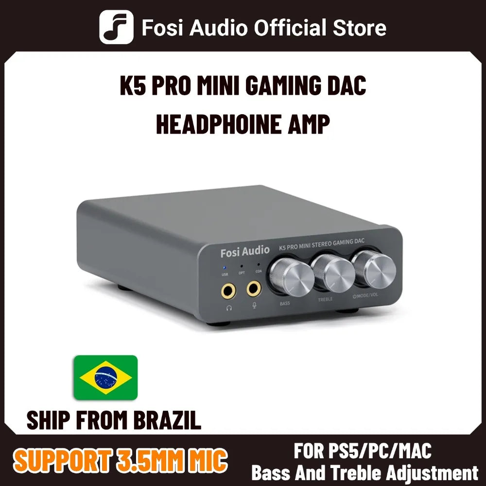 Gray fosi audio k5 pro mini gaming dac headphone amplifier desktop with three silver knobs and gold-plated jacks
